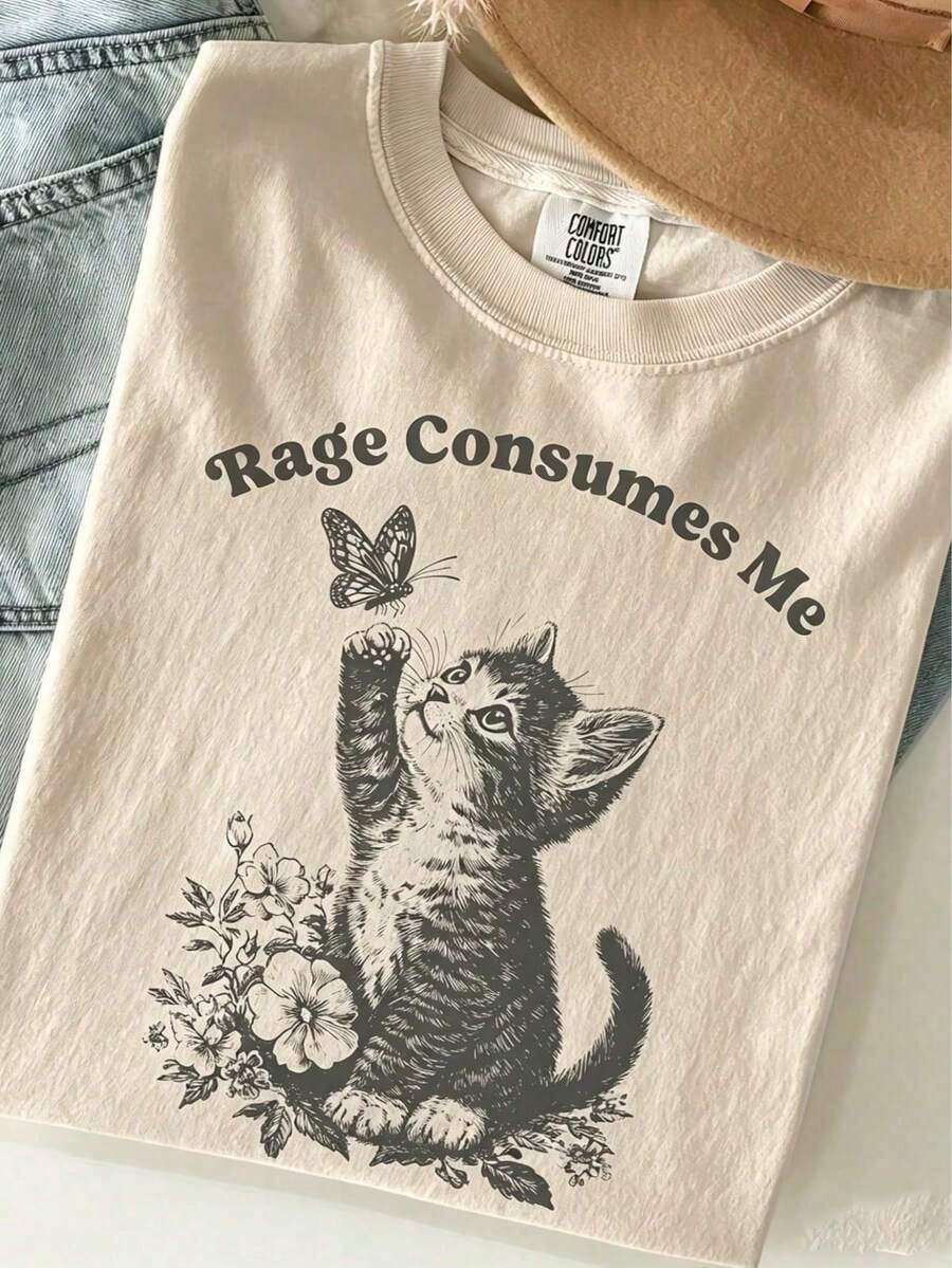 Rage Consumes Me Graphic Tee 100 Percent Cotton Curvy Teacher Outfits Nashville Western 90s Aesthetic Cute Cat Meme Mental Health Loose Fit Top