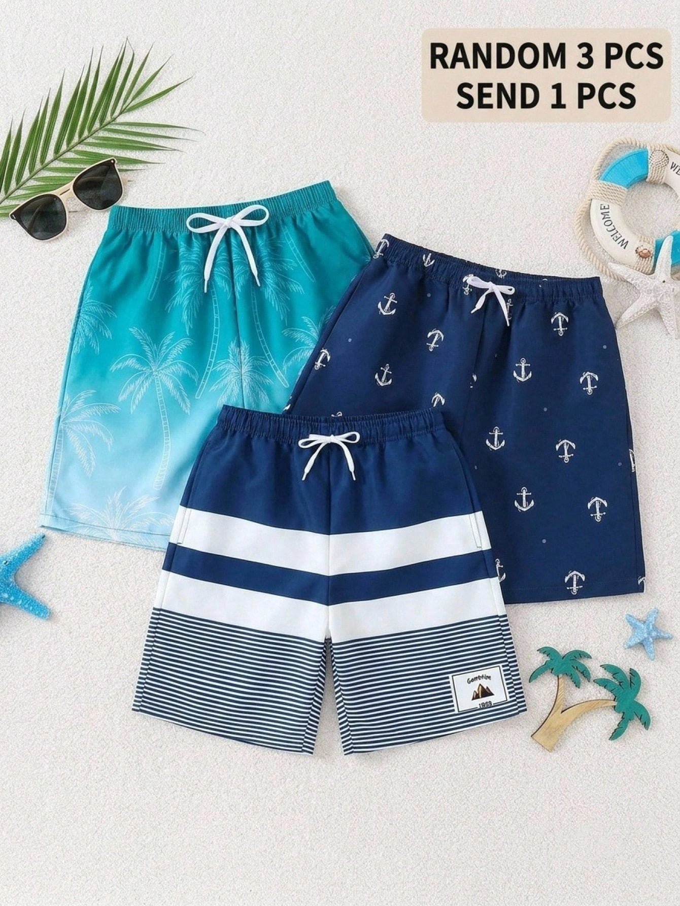 (Random 3 Pcs Send 1 Pcs ) Teen Boy Casual Minimalist Anchor Pattern Loose Swim Shorts, Suitable For Summer Vacation, Beach, Seaside, Swimming Pool