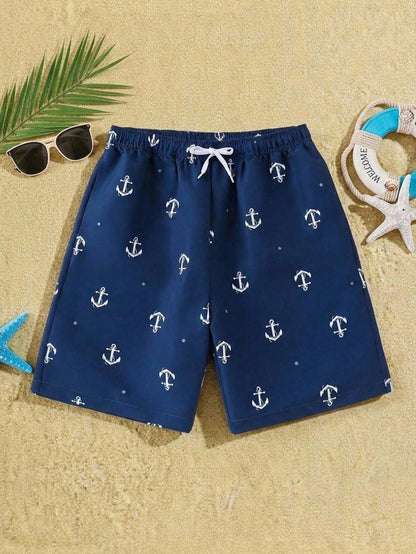 (Random 3 Pcs Send 1 Pcs ) Teen Boy Casual Minimalist Anchor Pattern Loose Swim Shorts, Suitable For Summer Vacation, Beach, Seaside, Swimming Pool