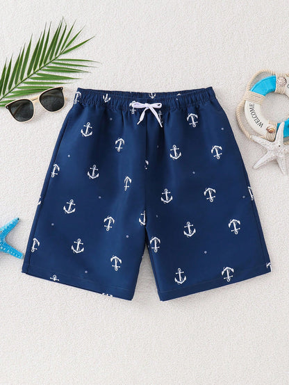(Random 3 Pcs Send 1 Pcs ) Teen Boy Casual Minimalist Anchor Pattern Loose Swim Shorts, Suitable For Summer Vacation, Beach, Seaside, Swimming Pool