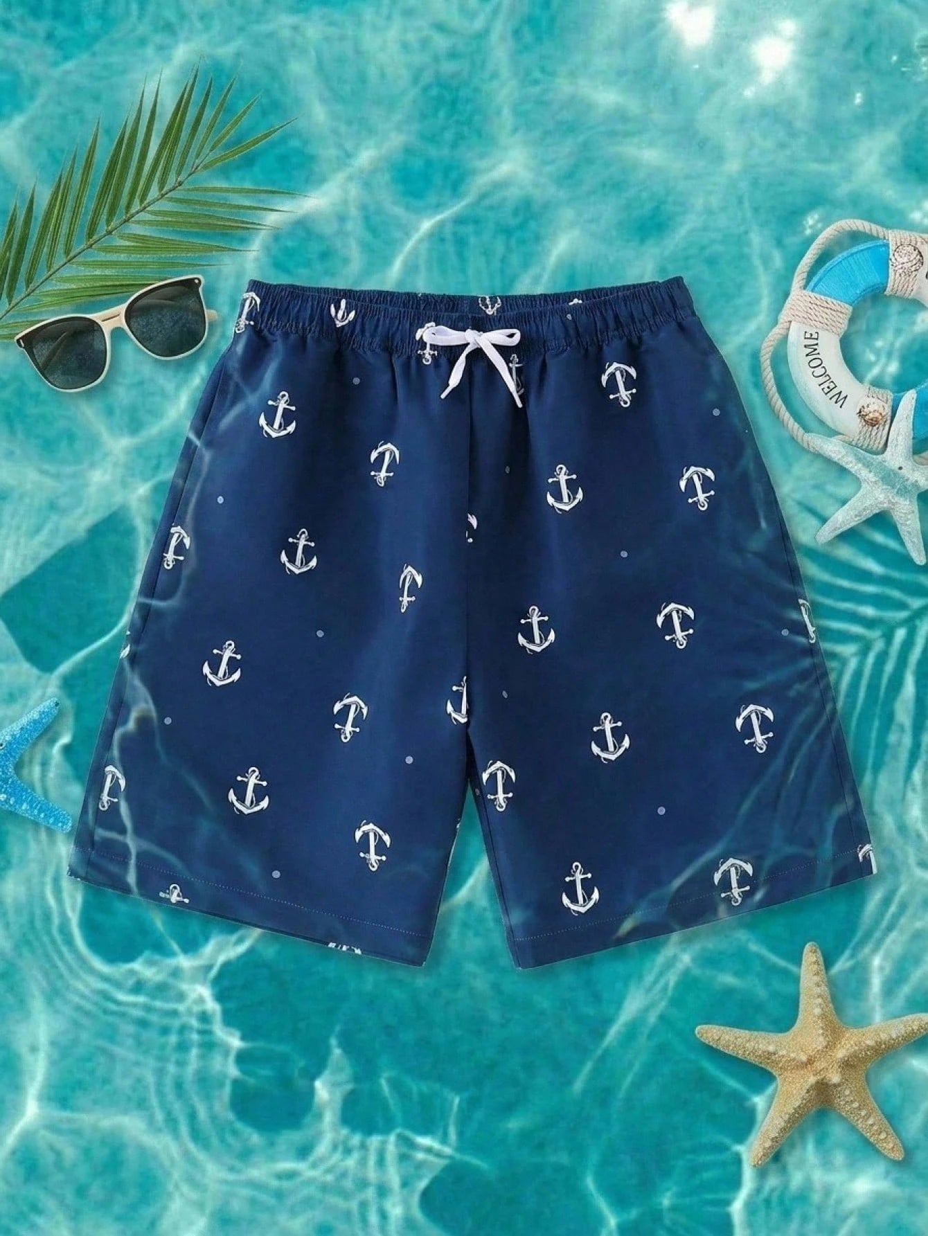 (Random 3 Pcs Send 1 Pcs ) Teen Boy Casual Minimalist Anchor Pattern Loose Swim Shorts, Suitable For Summer Vacation, Beach, Seaside, Swimming Pool
