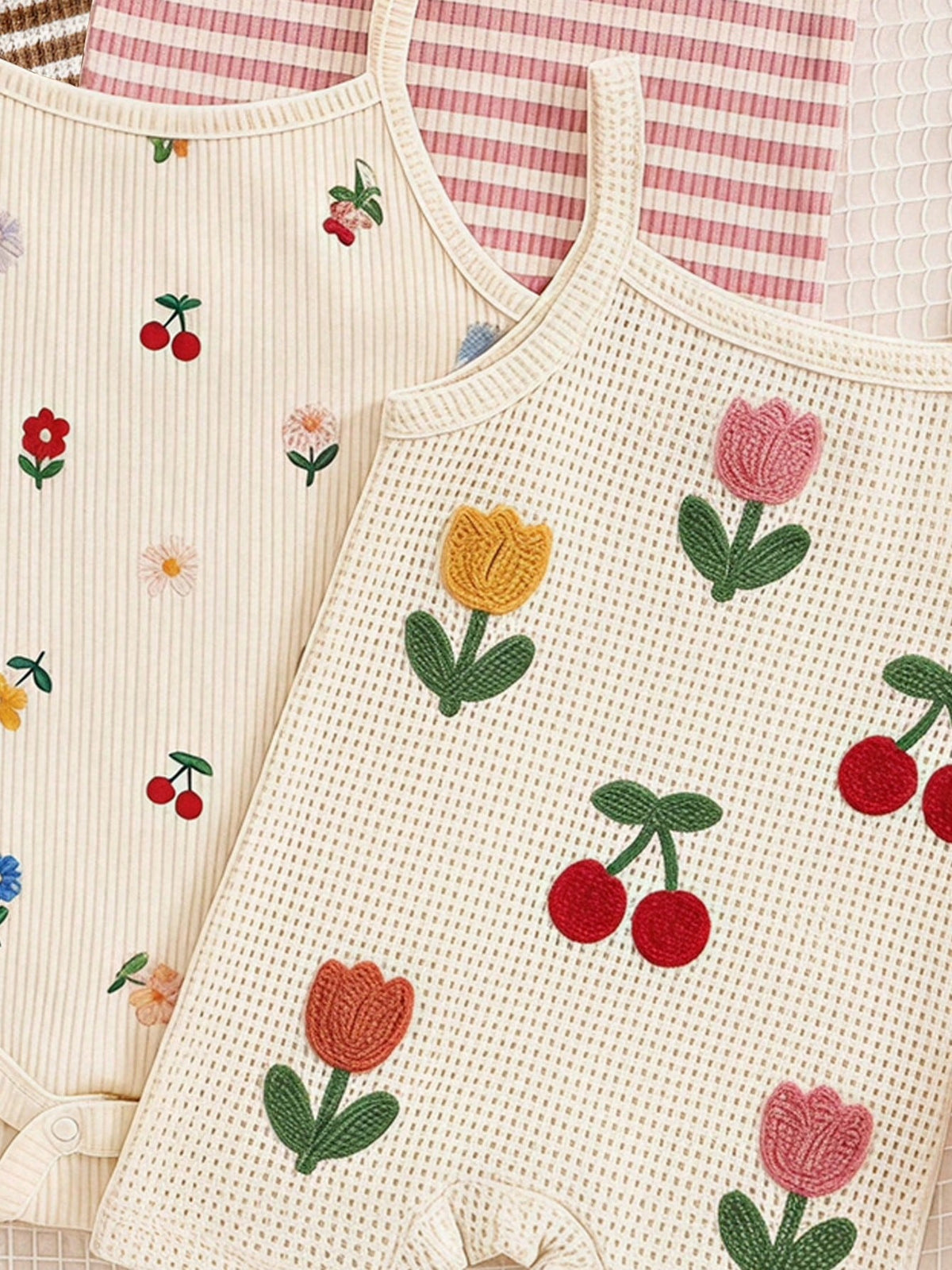 [Random 3pcs, Send 1pc] Vintage Cute Comfortable Brown Stripe Floral Series, Baby Girl Casual Romper For Spring/Summer, Easy Comfort, Chill