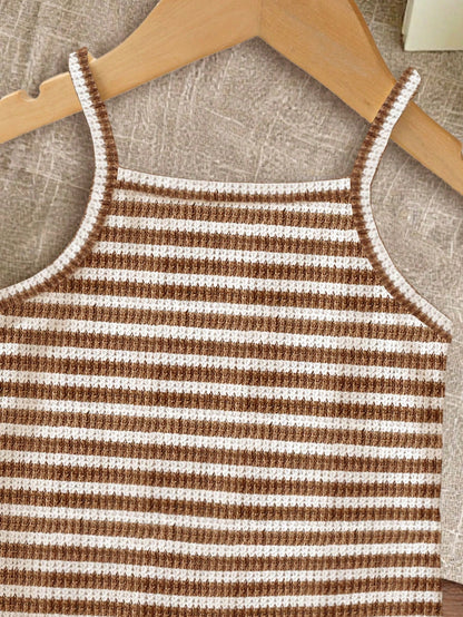[Random 3pcs, Send 1pc] Vintage Cute Comfortable Brown Stripe Floral Series, Baby Girl Casual Romper For Spring/Summer, Easy Comfort, Chill