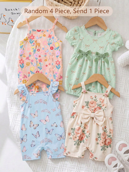 [Random 3pcs, Send 1pc] Vintage Cute Comfortable Brown Stripe Floral Series, Baby Girl Casual Romper For Spring/Summer, Easy Comfort, Chill