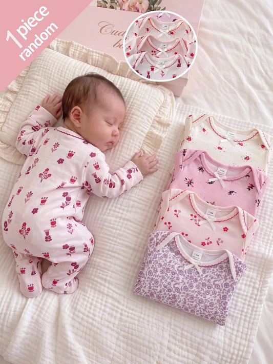 [Random 5 Sets, 1 Set Sent] Newborn 0-12 Months Home Jumpsuit, Mori Style Ditsy Floral With Chain Craft Contrast Color, Fresh Ins Style, Long Sleeve With Foot Cover, Snap Button Design, Easy To Put On