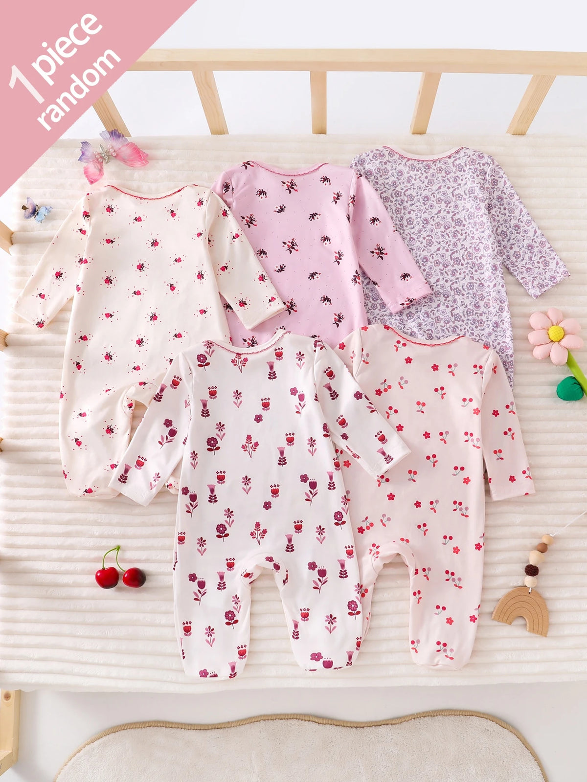 [Random 5 Sets, 1 Set Sent] Newborn 0-12 Months Home Jumpsuit, Mori Style Ditsy Floral With Chain Craft Contrast Color, Fresh Ins Style, Long Sleeve With Foot Cover, Snap Button Design, Easy To Put On