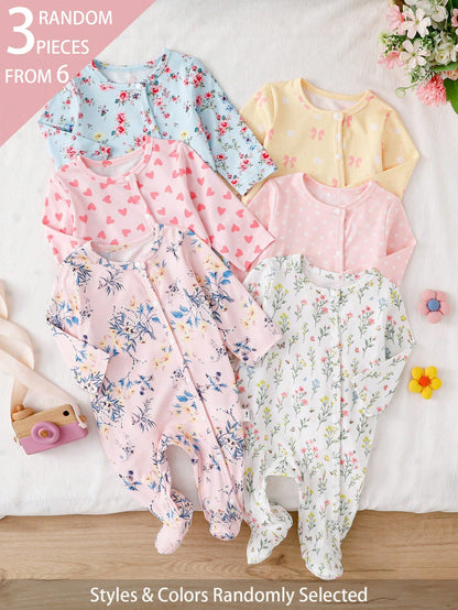 (Random 6pcs Send 3pcs) Newborn Baby Girl Cute Floral Print Knit Soft Casual Crew Neck Long Sleeve Footed Jumpsuit, Soft And Comfortable, Best Gift For Newborns