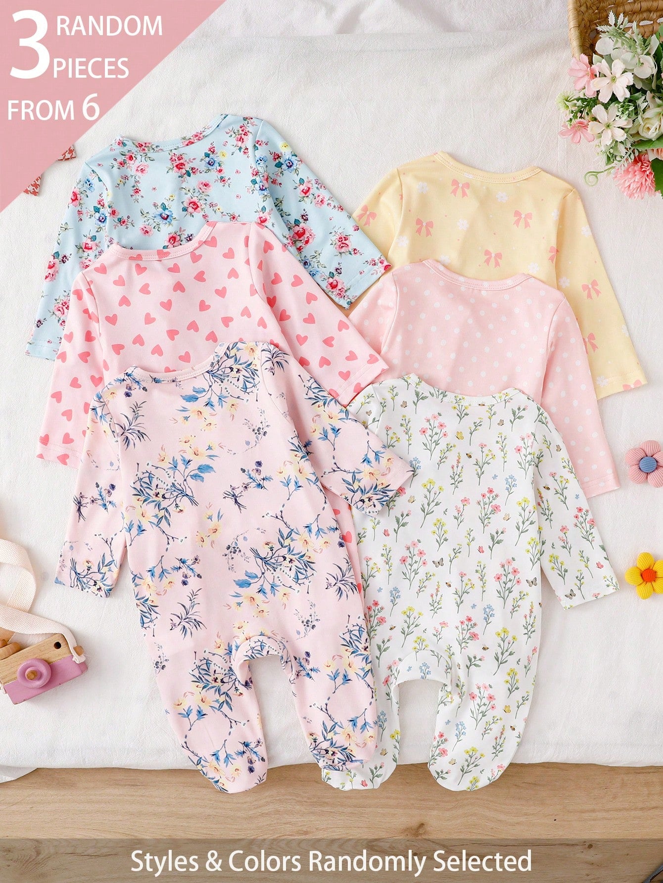 (Random 6pcs Send 3pcs) Newborn Baby Girl Cute Floral Print Knit Soft Casual Crew Neck Long Sleeve Footed Jumpsuit, Soft And Comfortable, Best Gift For Newborns