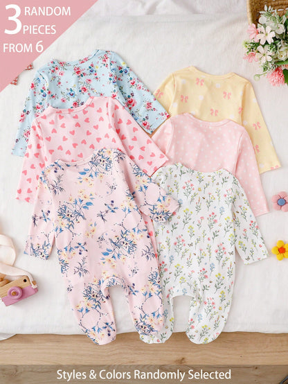 (Random 6pcs Send 3pcs) Newborn Baby Girl Cute Floral Print Knit Soft Casual Crew Neck Long Sleeve Footed Jumpsuit, Soft And Comfortable, Best Gift For Newborns
