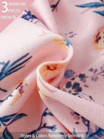 (Random 6pcs Send 3pcs) Newborn Baby Girl Cute Floral Print Knit Soft Casual Crew Neck Long Sleeve Footed Jumpsuit, Soft And Comfortable, Best Gift For Newborns