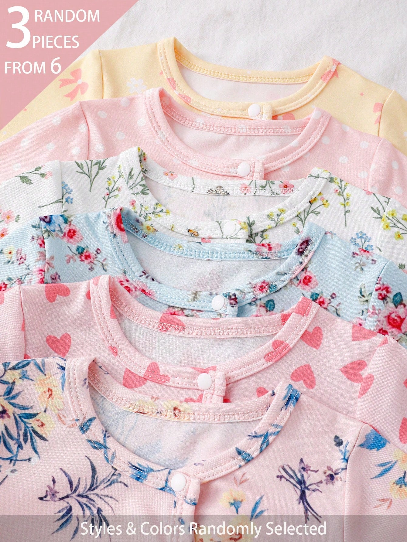 (Random 6pcs Send 3pcs) Newborn Baby Girl Cute Floral Print Knit Soft Casual Crew Neck Long Sleeve Footed Jumpsuit, Soft And Comfortable, Best Gift For Newborns