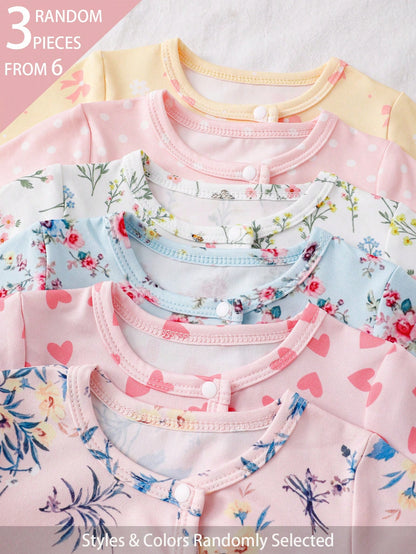 (Random 6pcs Send 3pcs) Newborn Baby Girl Cute Floral Print Knit Soft Casual Crew Neck Long Sleeve Footed Jumpsuit, Soft And Comfortable, Best Gift For Newborns
