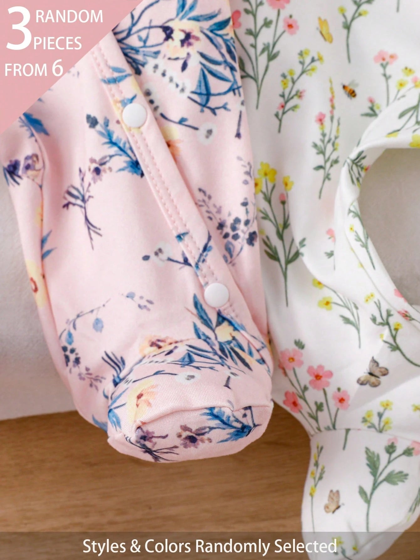 (Random 6pcs Send 3pcs) Newborn Baby Girl Cute Floral Print Knit Soft Casual Crew Neck Long Sleeve Footed Jumpsuit, Soft And Comfortable, Best Gift For Newborns