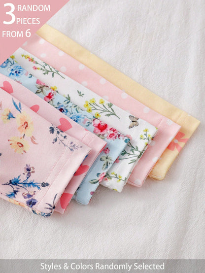 (Random 6pcs Send 3pcs) Newborn Baby Girl Cute Floral Print Knit Soft Casual Crew Neck Long Sleeve Footed Jumpsuit, Soft And Comfortable, Best Gift For Newborns