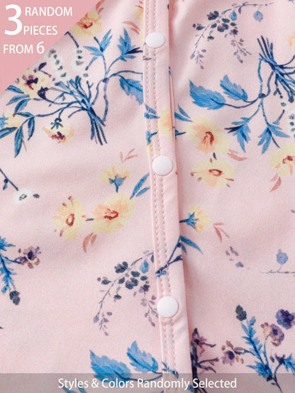 (Random 6pcs Send 3pcs) Newborn Baby Girl Cute Floral Print Knit Soft Casual Crew Neck Long Sleeve Footed Jumpsuit, Soft And Comfortable, Best Gift For Newborns