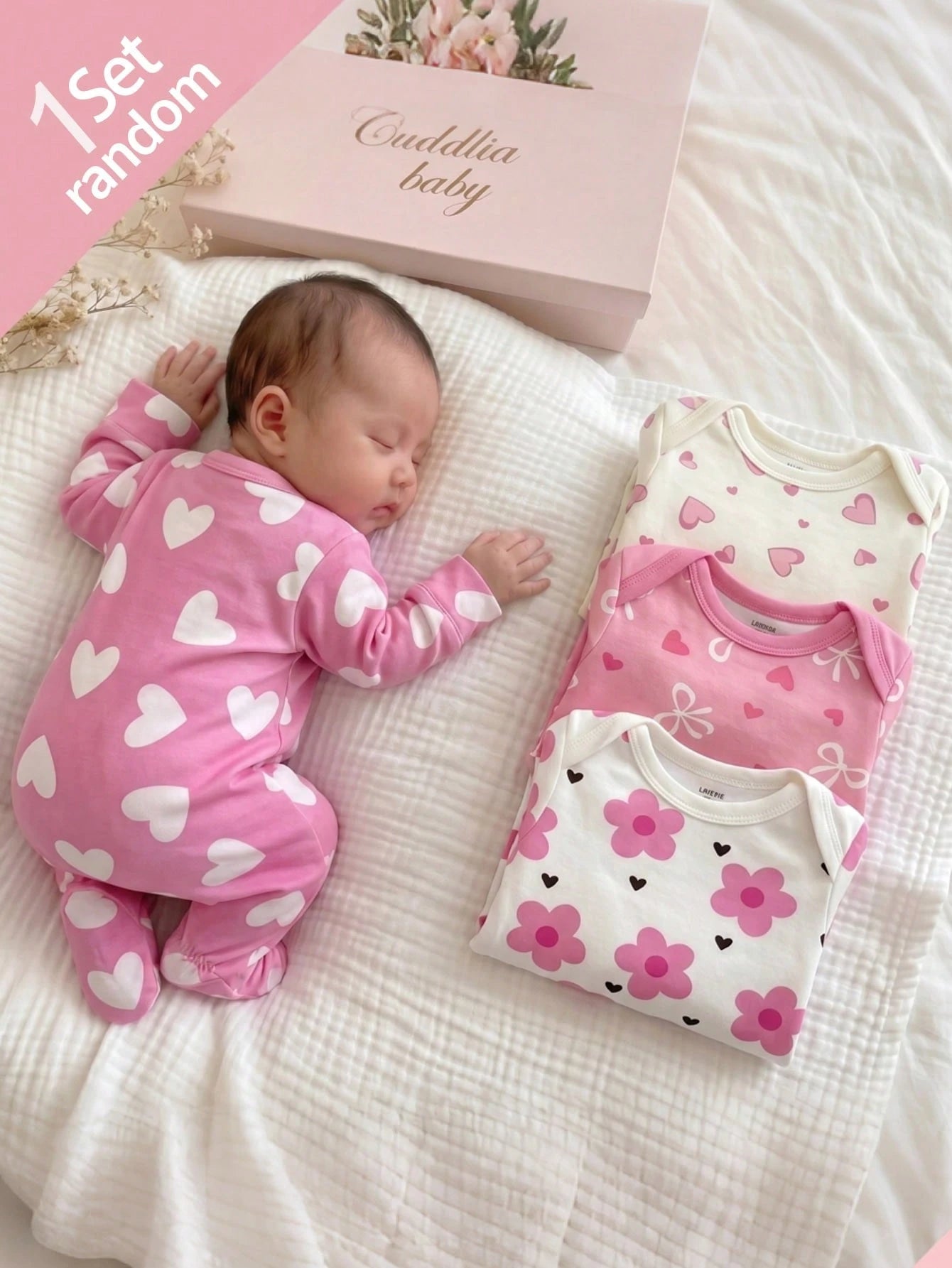 (Random 6pcs Send 3pcs) Newborn Baby Girl Cute Floral Print Knit Soft Casual Crew Neck Long Sleeve Footed Jumpsuit, Soft And Comfortable, Best Gift For Newborns