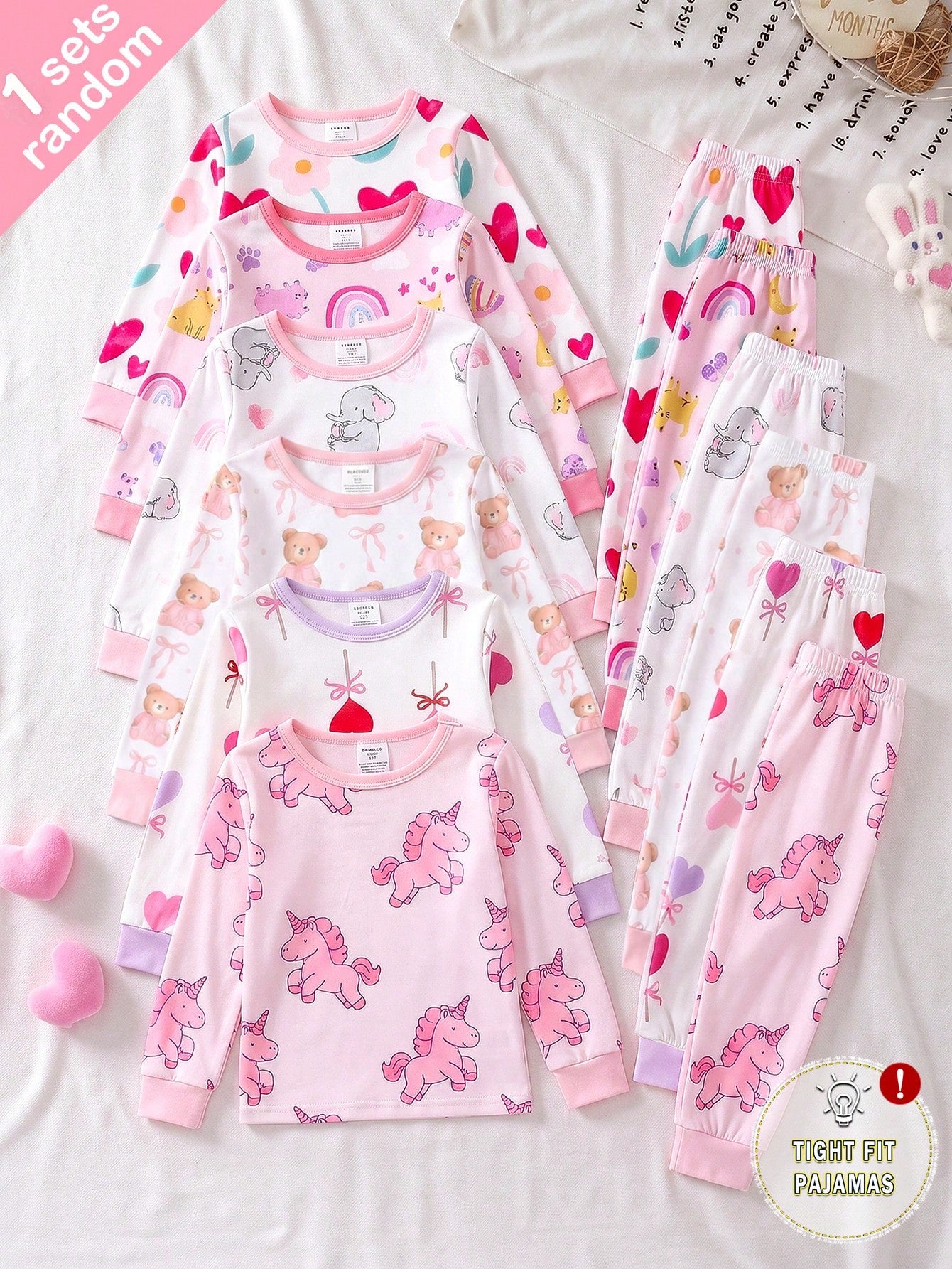 [Randomly Sent 1 Set]Baby Girl Cartoon Unicorn Rainbow Print Cute Sweet Pattern Pink Purple Light Color Soft Knitted High Elastic Fabric Tight Fit Comfortable Soft Skin-Friendly Round Neck Long Sleeve