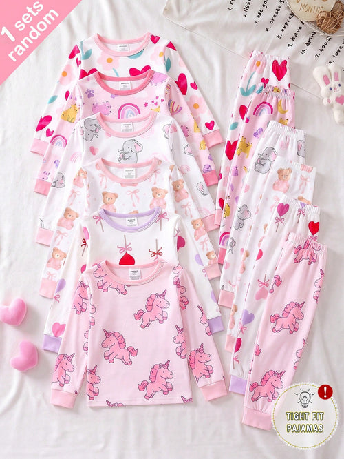 [Randomly Sent 1 Set]Baby Girl Cartoon Unicorn Rainbow Print Cute Sweet Pattern Pink Purple Light Color Soft Knitted High Elastic Fabric Tight Fit Comfortable Soft Skin-Friendly Round Neck Long Sleeve