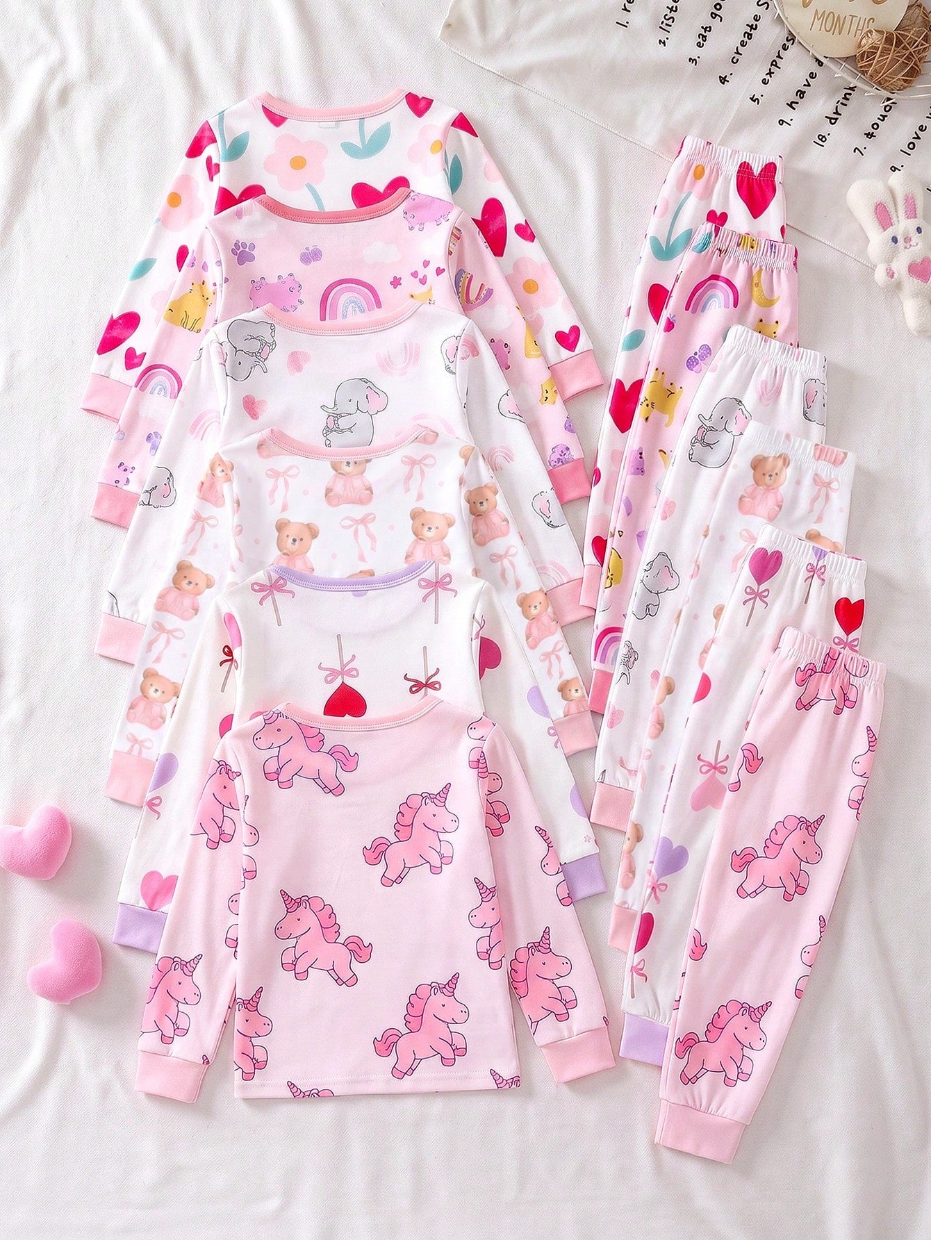 [Randomly Sent 1 Set]Baby Girl Cartoon Unicorn Rainbow Print Cute Sweet Pattern Pink Purple Light Color Soft Knitted High Elastic Fabric Tight Fit Comfortable Soft Skin-Friendly Round Neck Long Sleeve
