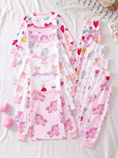 [Randomly Sent 1 Set]Baby Girl Cartoon Unicorn Rainbow Print Cute Sweet Pattern Pink Purple Light Color Soft Knitted High Elastic Fabric Tight Fit Comfortable Soft Skin-Friendly Round Neck Long Sleeve