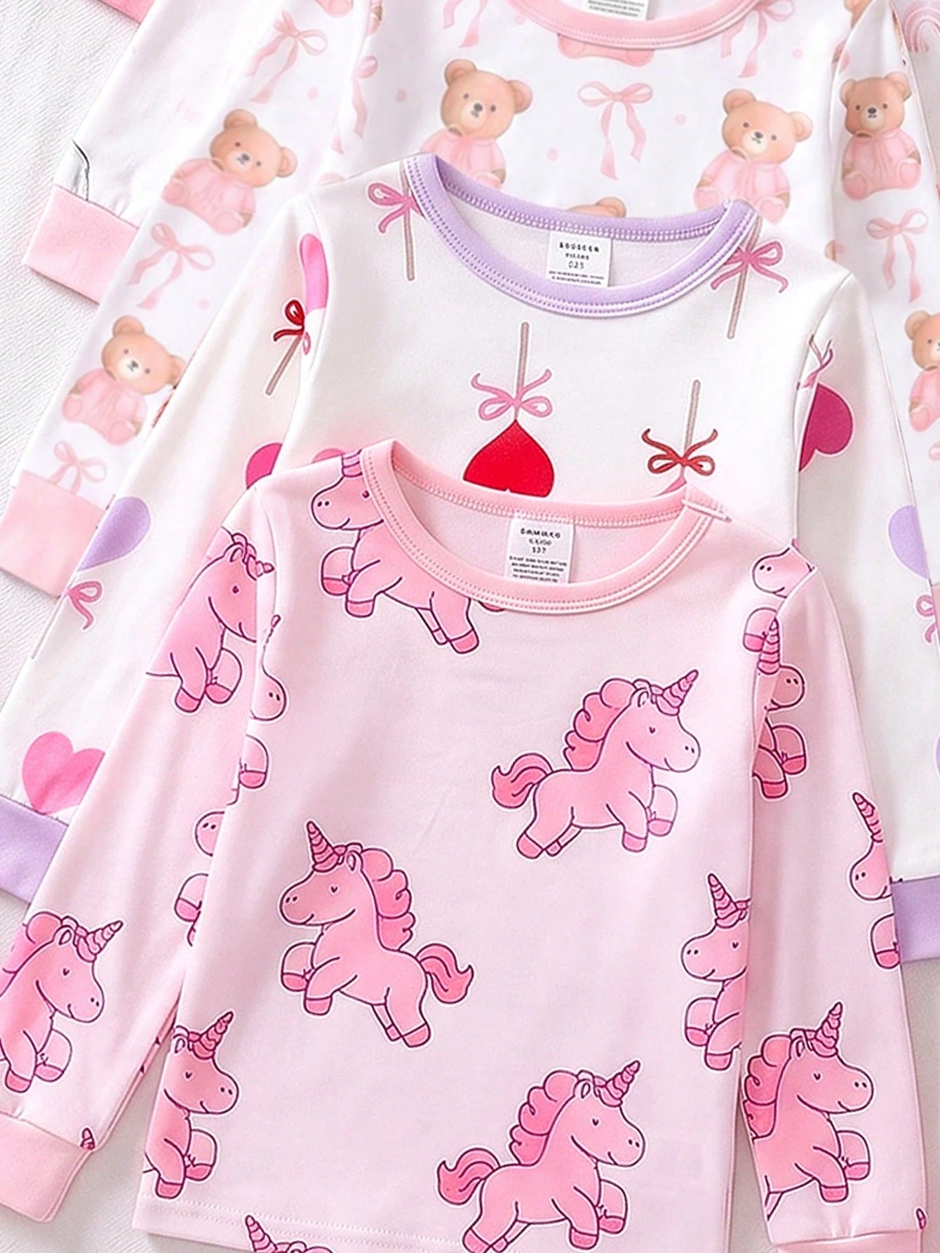 [Randomly Sent 1 Set]Baby Girl Cartoon Unicorn Rainbow Print Cute Sweet Pattern Pink Purple Light Color Soft Knitted High Elastic Fabric Tight Fit Comfortable Soft Skin-Friendly Round Neck Long Sleeve