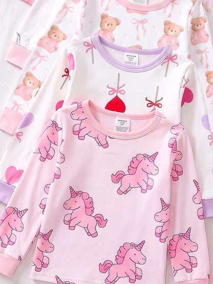 [Randomly Sent 1 Set]Baby Girl Cartoon Unicorn Rainbow Print Cute Sweet Pattern Pink Purple Light Color Soft Knitted High Elastic Fabric Tight Fit Comfortable Soft Skin-Friendly Round Neck Long Sleeve