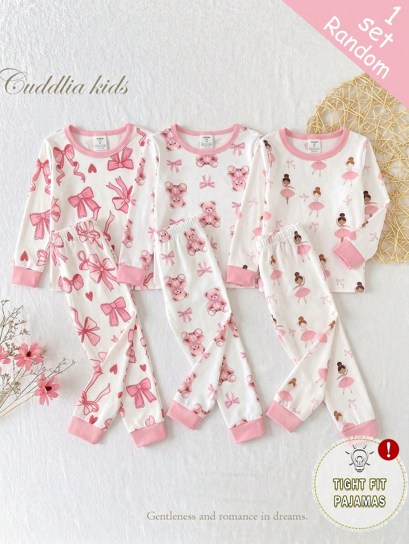[Randomly Sent 1 Set]Baby Girl Cartoon Unicorn Rainbow Print Cute Sweet Pattern Pink Purple Light Color Soft Knitted High Elastic Fabric Tight Fit Comfortable Soft Skin-Friendly Round Neck Long Sleeve