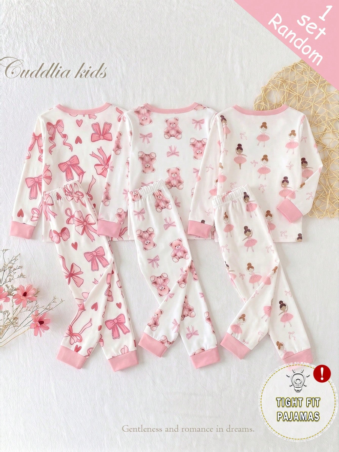 [Randomly Sent 1 Set]Baby Girl Cartoon Unicorn Rainbow Print Cute Sweet Pattern Pink Purple Light Color Soft Knitted High Elastic Fabric Tight Fit Comfortable Soft Skin-Friendly Round Neck Long Sleeve