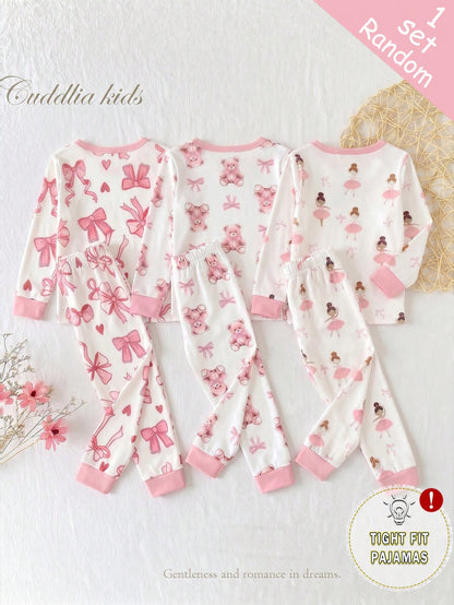 [Randomly Sent 1 Set]Baby Girl Cartoon Unicorn Rainbow Print Cute Sweet Pattern Pink Purple Light Color Soft Knitted High Elastic Fabric Tight Fit Comfortable Soft Skin-Friendly Round Neck Long Sleeve