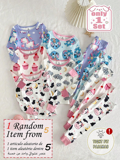 [Randomly Sent 1 Set]Baby Girl Cartoon Unicorn Rainbow Print Cute Sweet Pattern Pink Purple Light Color Soft Knitted High Elastic Fabric Tight Fit Comfortable Soft Skin-Friendly Round Neck Long Sleeve