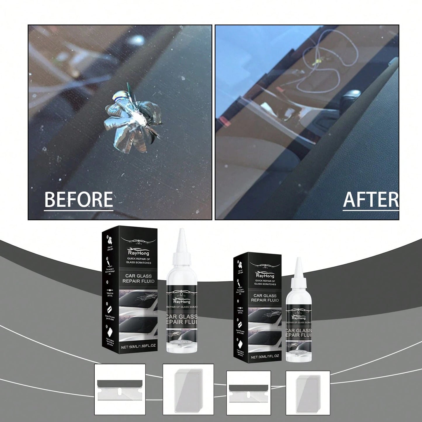 rayhong 50ml Car Glass Scratch Repair Fluid – Nano Polishing Compound Improves Glass Clarity, Reduces Wiper Marks Water Spots, Gentle Care For Windshield Mirror Side Windows, DIY Tool Fits All Sedans