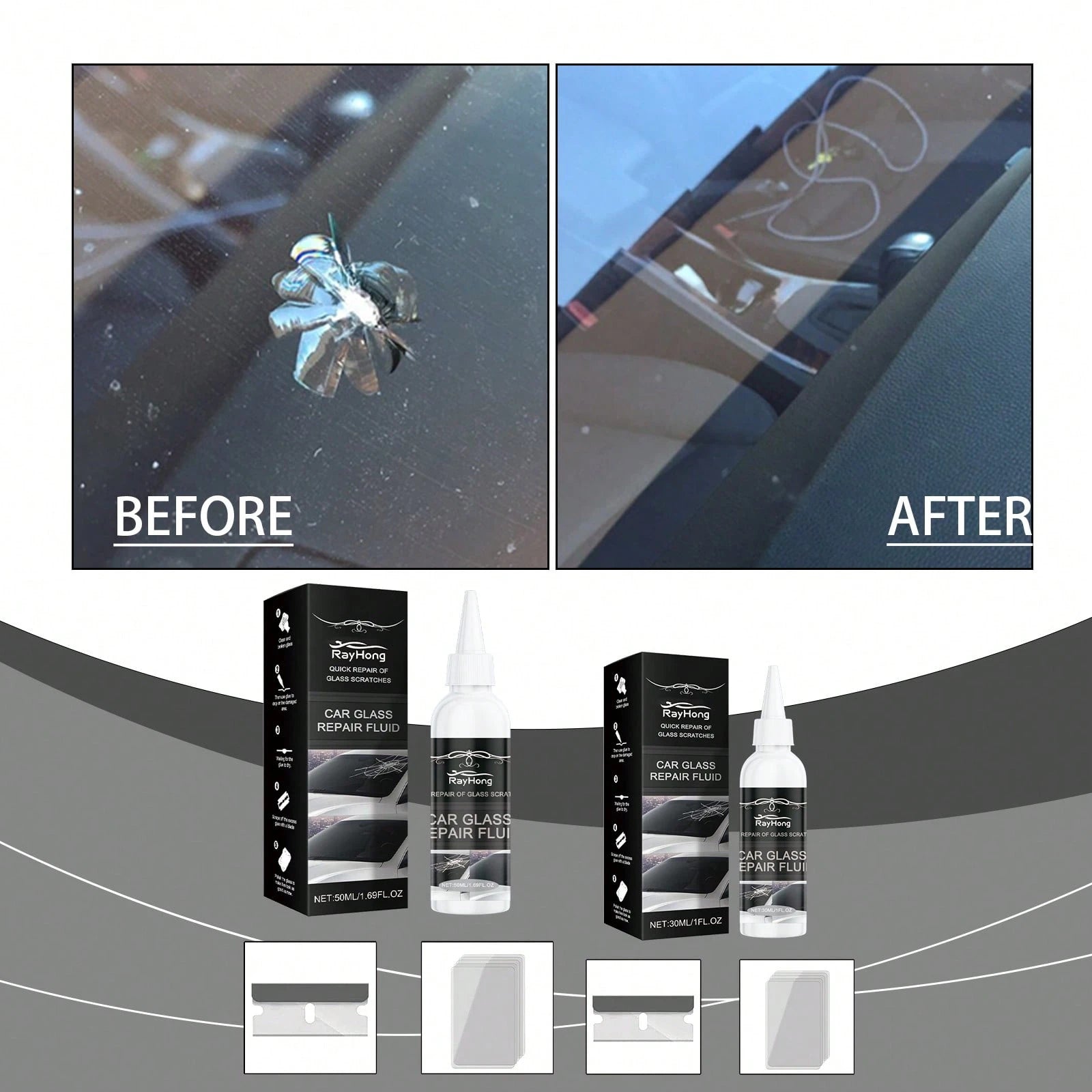 rayhong 50ml Car Glass Scratch Repair Fluid – Nano Polishing Compound Improves Glass Clarity, Reduces Wiper Marks Water Spots, Gentle Care For Windshield Mirror Side Windows, DIY Tool Fits All Sedans