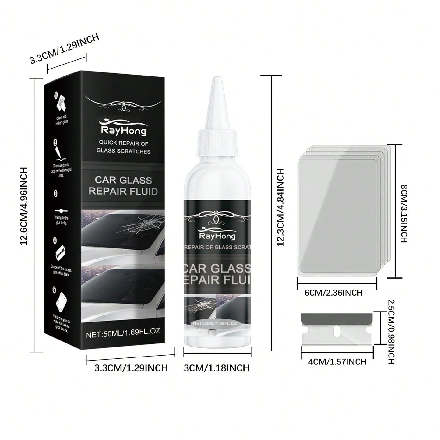 rayhong 50ml Car Glass Scratch Repair Fluid – Nano Polishing Compound Improves Glass Clarity, Reduces Wiper Marks Water Spots, Gentle Care For Windshield Mirror Side Windows, DIY Tool Fits All Sedans