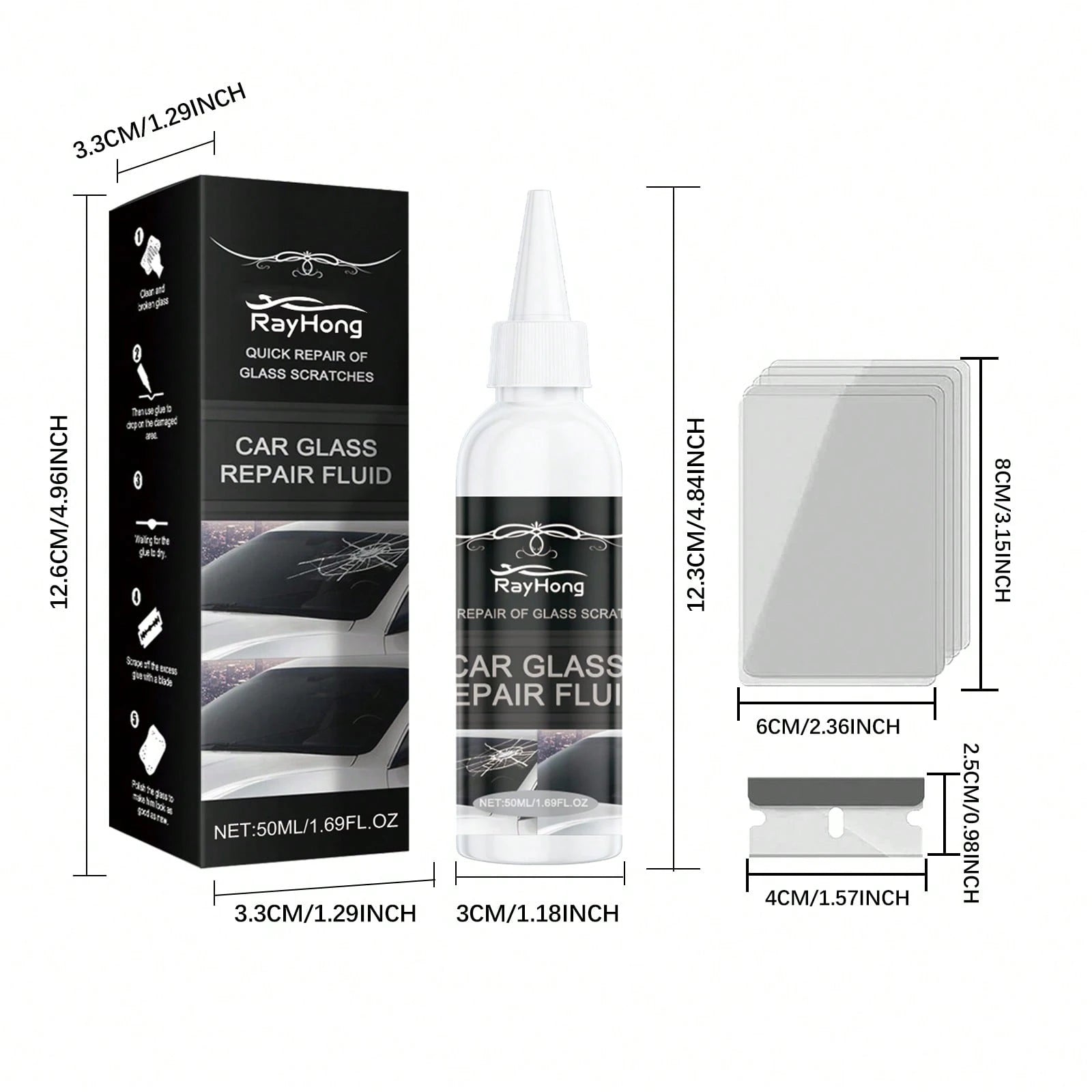 rayhong 50ml Car Glass Scratch Repair Fluid – Nano Polishing Compound Improves Glass Clarity, Reduces Wiper Marks Water Spots, Gentle Care For Windshield Mirror Side Windows, DIY Tool Fits All Sedans