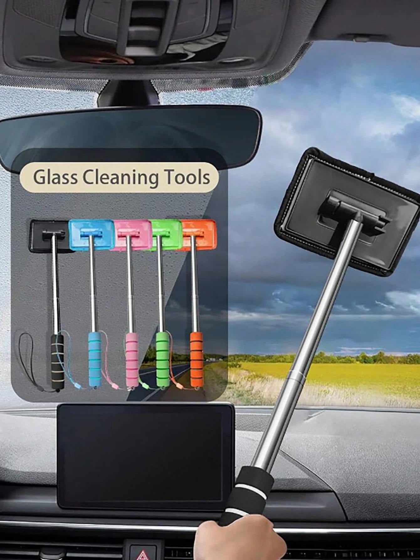 rayhong Windshield Cleaning Tools, Ultra-Fine Microfiber Cloth Car Glass Cleaning Brush With Detachable Handle, Car Windshield Squeegee, Car Cleaning Kit