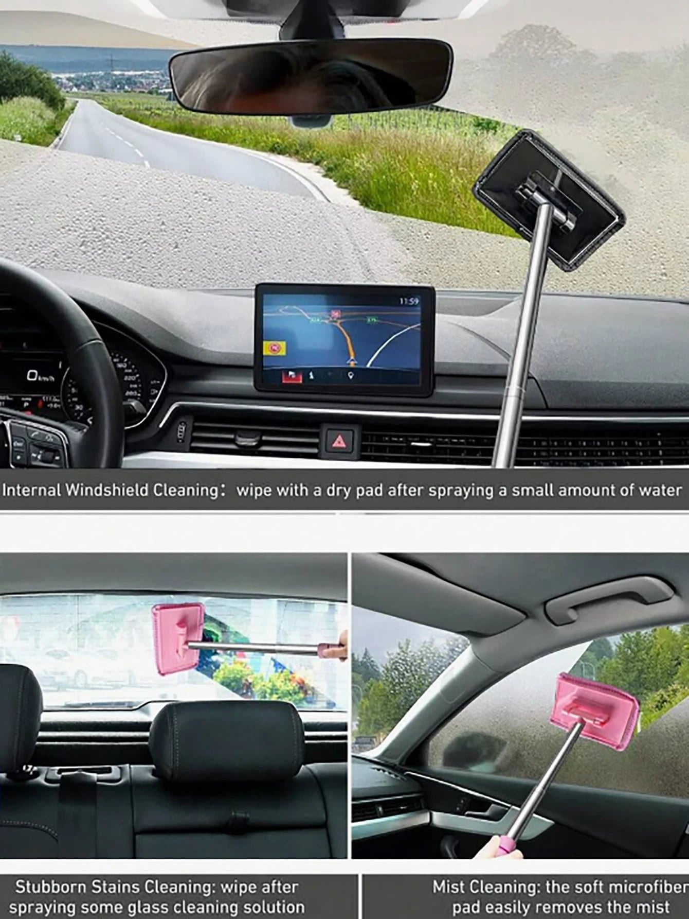 rayhong Windshield Cleaning Tools, Ultra-Fine Microfiber Cloth Car Glass Cleaning Brush With Detachable Handle, Car Windshield Squeegee, Car Cleaning Kit