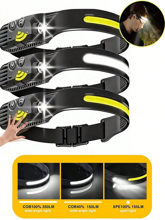 Rechargeable COB LED Head Light 230° Broad Illumination Motion Activated IPX4 Waterproof Portable Foldable Headlamp For Camping Running Repair Work