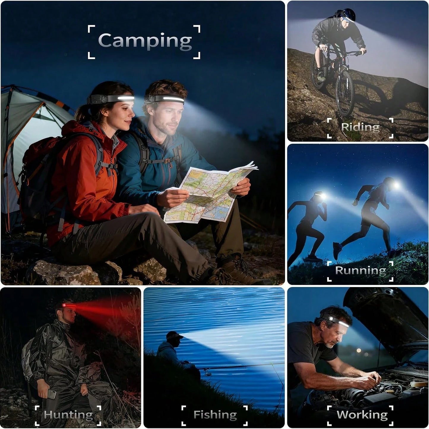 Rechargeable COB LED Head Light 230° Broad Illumination Motion Activated IPX4 Waterproof Portable Foldable Headlamp For Camping Running Repair Work