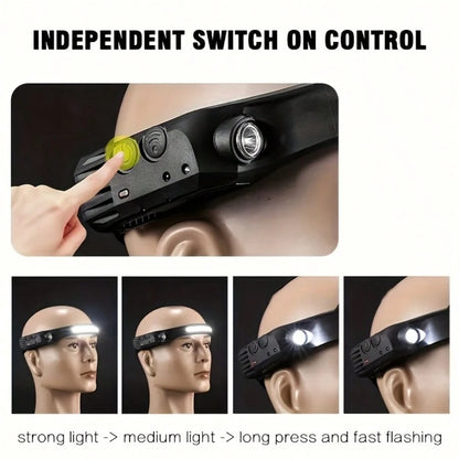 Rechargeable COB LED Head Light 230° Broad Illumination Motion Activated IPX4 Waterproof Portable Foldable Headlamp For Camping Running Repair Work