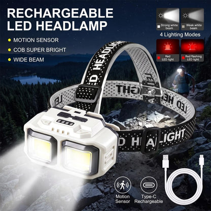 Rechargeable LED Headlamp With Motion Sensor, COB Super Bright Wide Beam Headlamp, 4 Light Modes Type-C USB Headlamps For Night Running, Fishing, Cycling, Camping, Hiking
