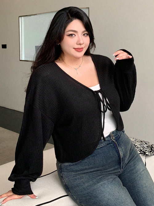 REIGN AVE Plus Size V-Neck Solid Color Cut-Off Lace-Up Long Sleeve T-Shirt, Spring/Summer,Fall Clothes