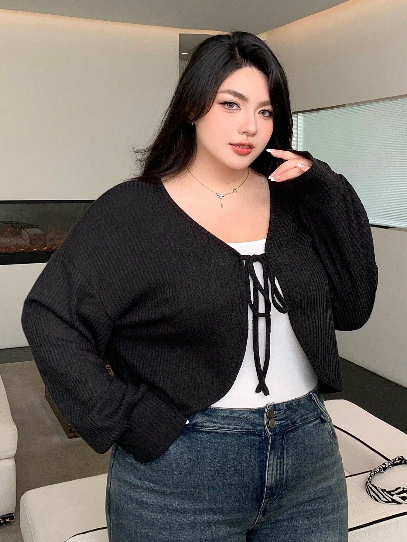 REIGN AVE Plus Size V-Neck Solid Color Cut-Off Lace-Up Long Sleeve T-Shirt, Spring/Summer,Fall Clothes