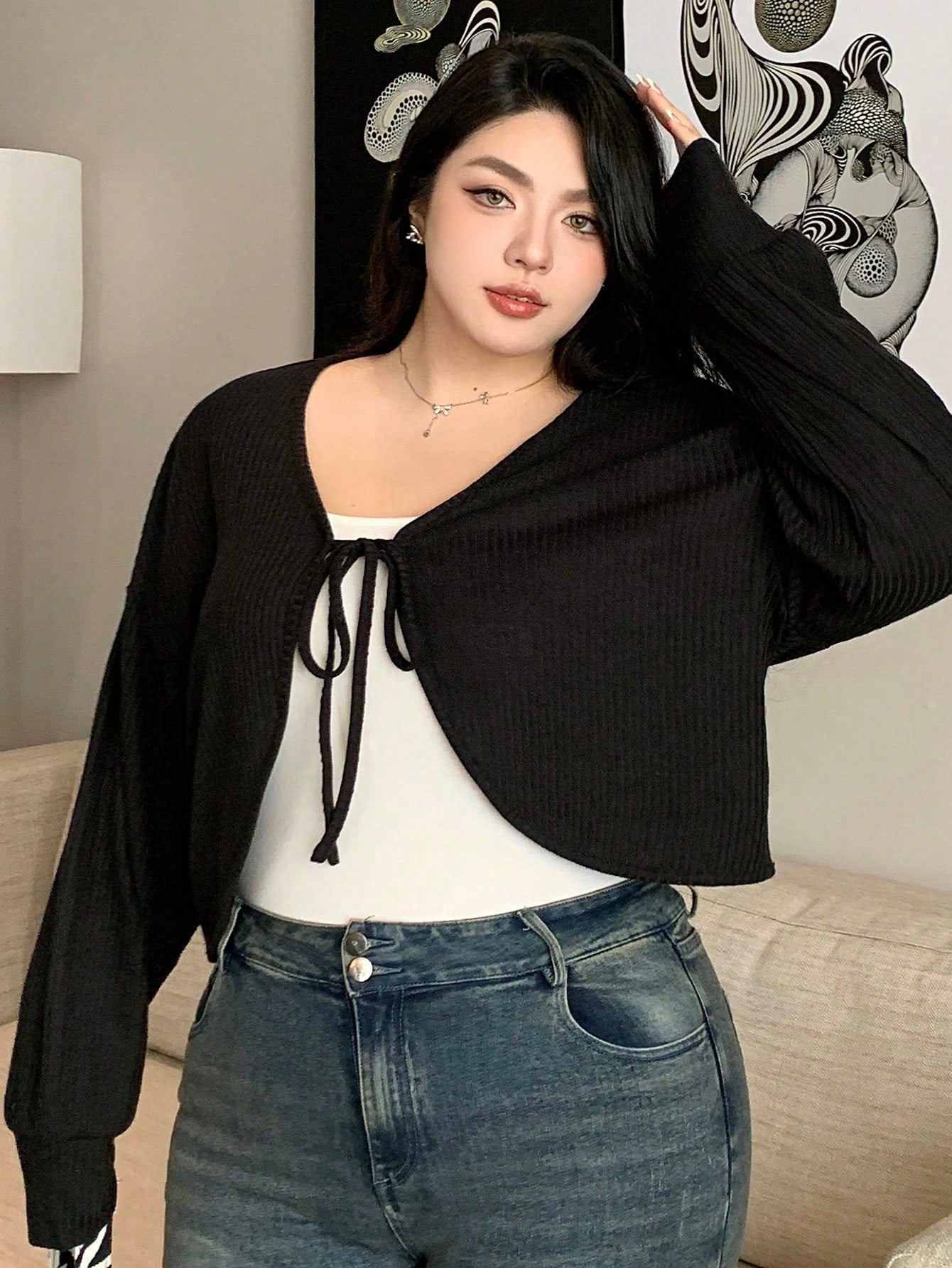 REIGN AVE Plus Size V-Neck Solid Color Cut-Off Lace-Up Long Sleeve T-Shirt, Spring/Summer,Fall Clothes