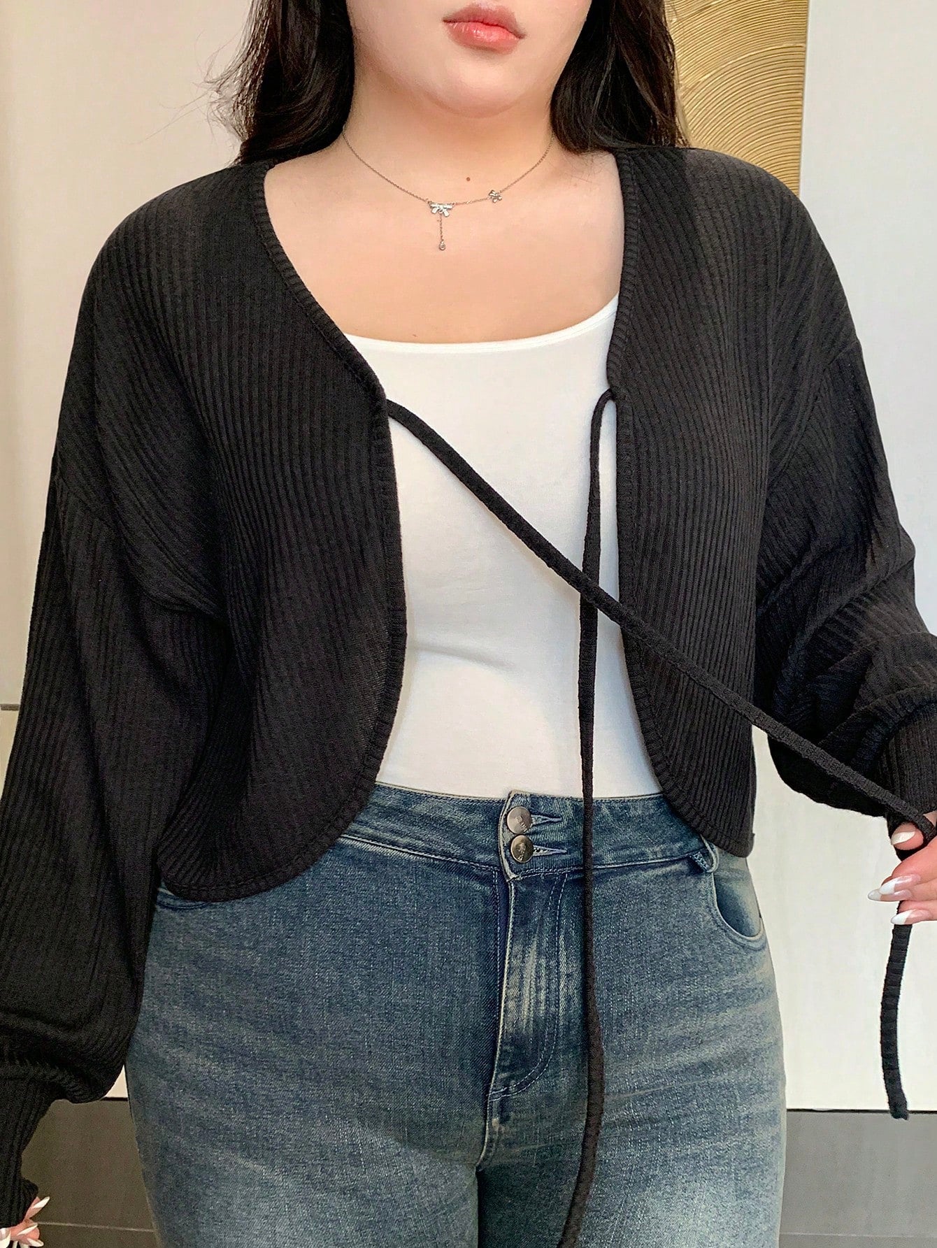 REIGN AVE Plus Size V-Neck Solid Color Cut-Off Lace-Up Long Sleeve T-Shirt, Spring/Summer,Fall Clothes