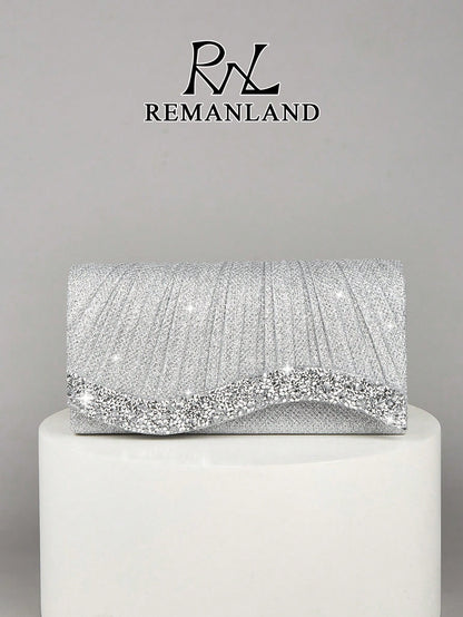 REMANLAND 1pc Women's Mini Glitter Sequin Chain Folding Square Handbag, Suitable For Weddings, Parties, Galas, Dances And Formal Events, Elegant And Fashionable Accessory To Pair With Evening Gowns, S