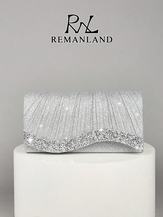 REMANLAND 1pc Women's Mini Glitter Sequin Chain Folding Square Handbag, Suitable For Weddings, Parties, Galas, Dances And Formal Events, Elegant And Fashionable Accessory To Pair With Evening Gowns, S