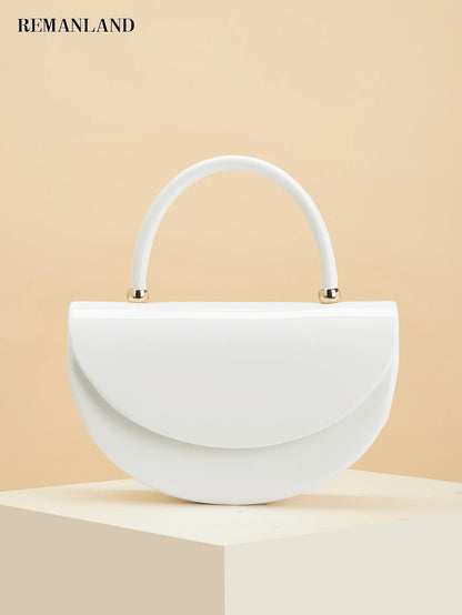 REMANLAND Women's White Crescent Shape Handbag, Modern Half Moon Clutch Purse With Structured Top Handle, Elegant Minimalist Evening Bag For Wedding Party