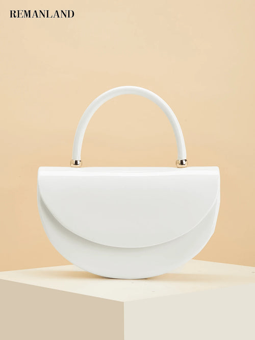 REMANLAND Women's White Crescent Shape Handbag, Modern Half Moon Clutch Purse With Structured Top Handle, Elegant Minimalist Evening Bag For Wedding Party