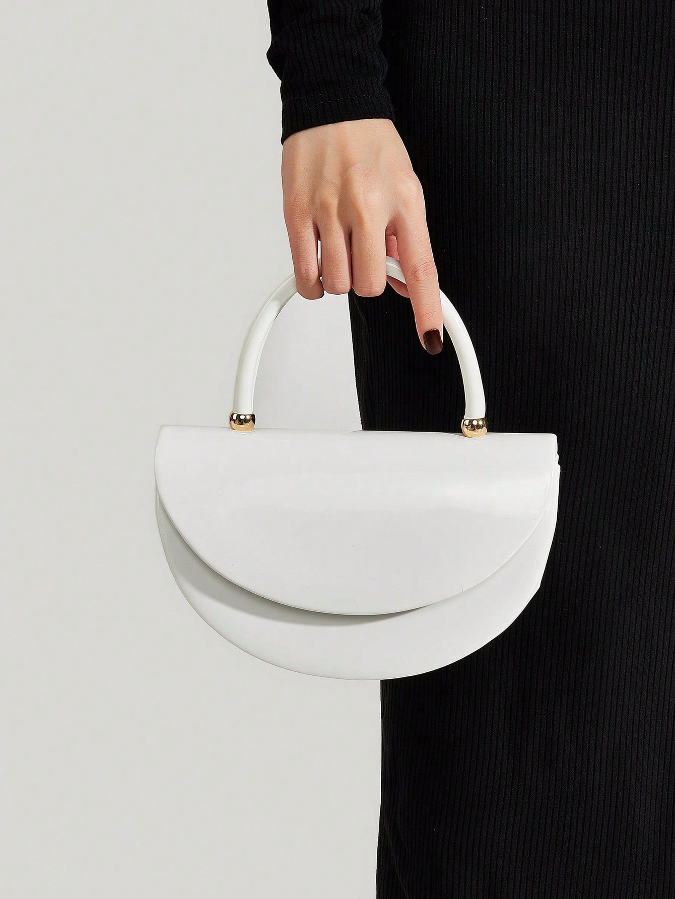 REMANLAND Women's White Crescent Shape Handbag, Modern Half Moon Clutch Purse With Structured Top Handle, Elegant Minimalist Evening Bag For Wedding Party