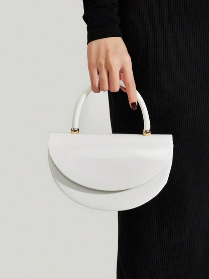 REMANLAND Women's White Crescent Shape Handbag, Modern Half Moon Clutch Purse With Structured Top Handle, Elegant Minimalist Evening Bag For Wedding Party